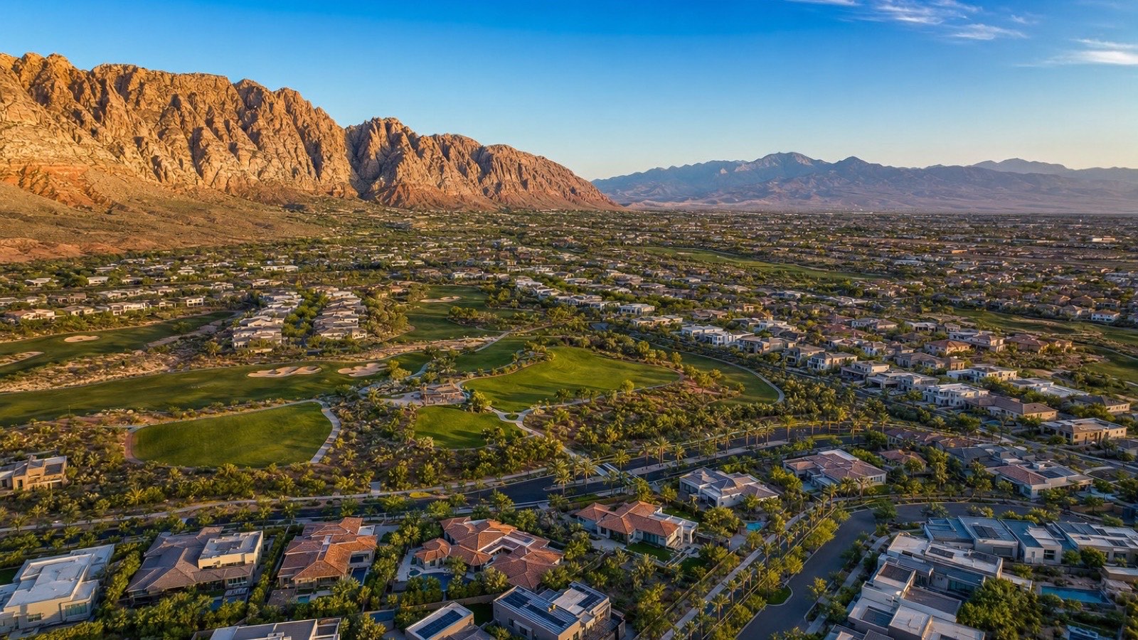 Aerial overview of the Summerlin master plan showing villages and the network of schools and parks woven through the community