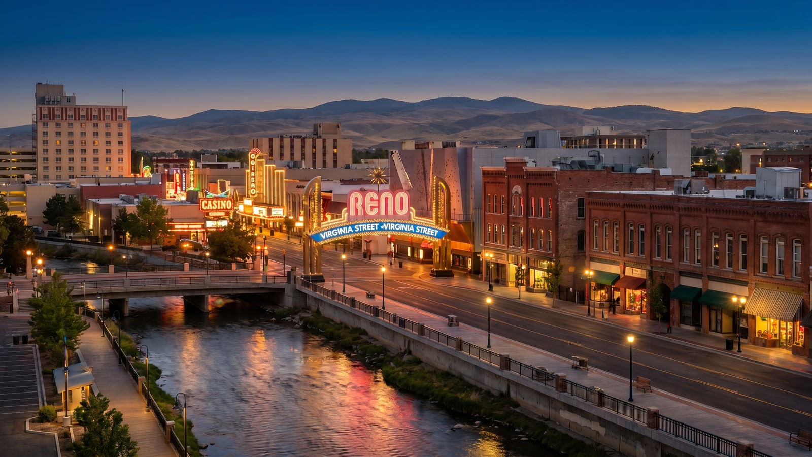 Downtown Reno arch over the Truckee River at dusk — moving to Reno Nevada 2026 pros and cons