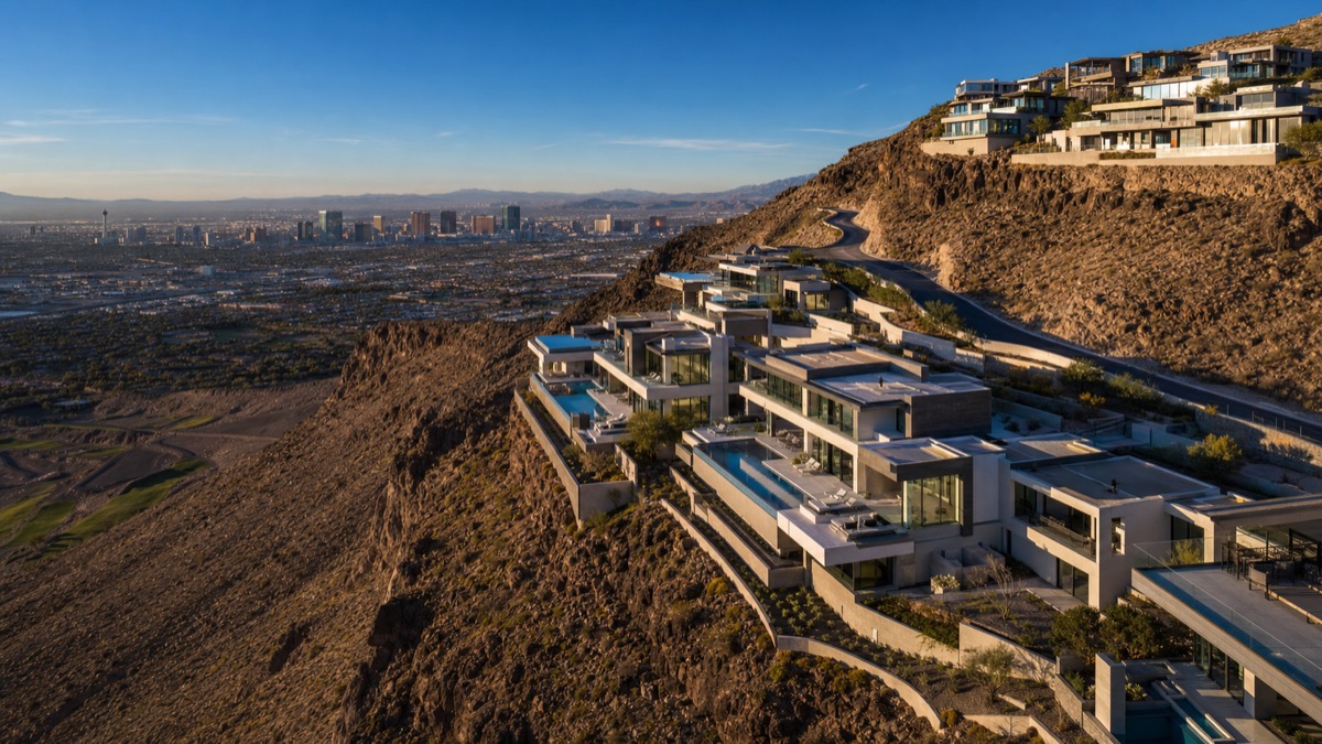 Aerial view of a Las Vegas guard-gated luxury community with private streets and golf course